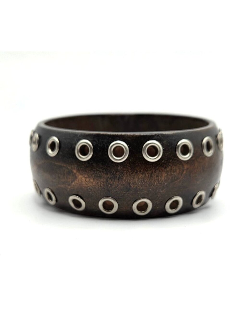Vintage Wooden Bangle Bracelet With Metal Eyelet Accents Wide Brown Boho Style J